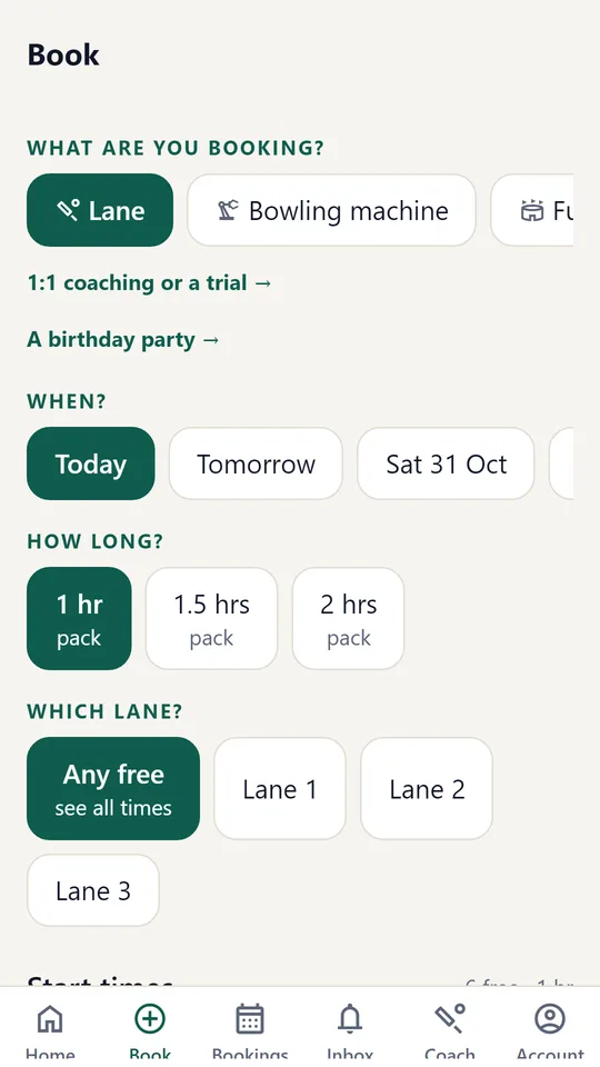 Elite One Cricket Book screen: choose a lane or bowling machine, the day, the length and the lane